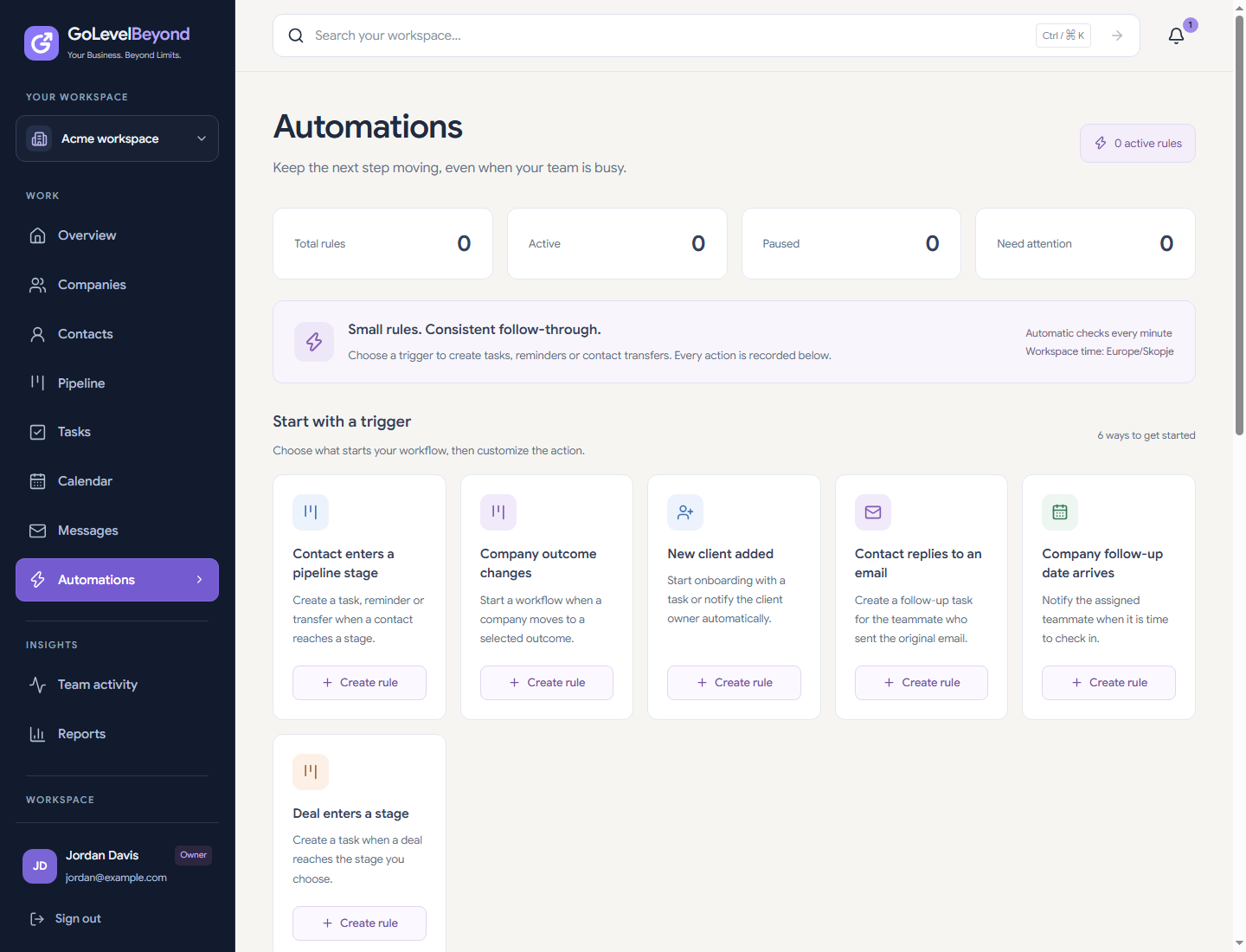 GoLevelBeyond Automations screen showing available workflow triggers