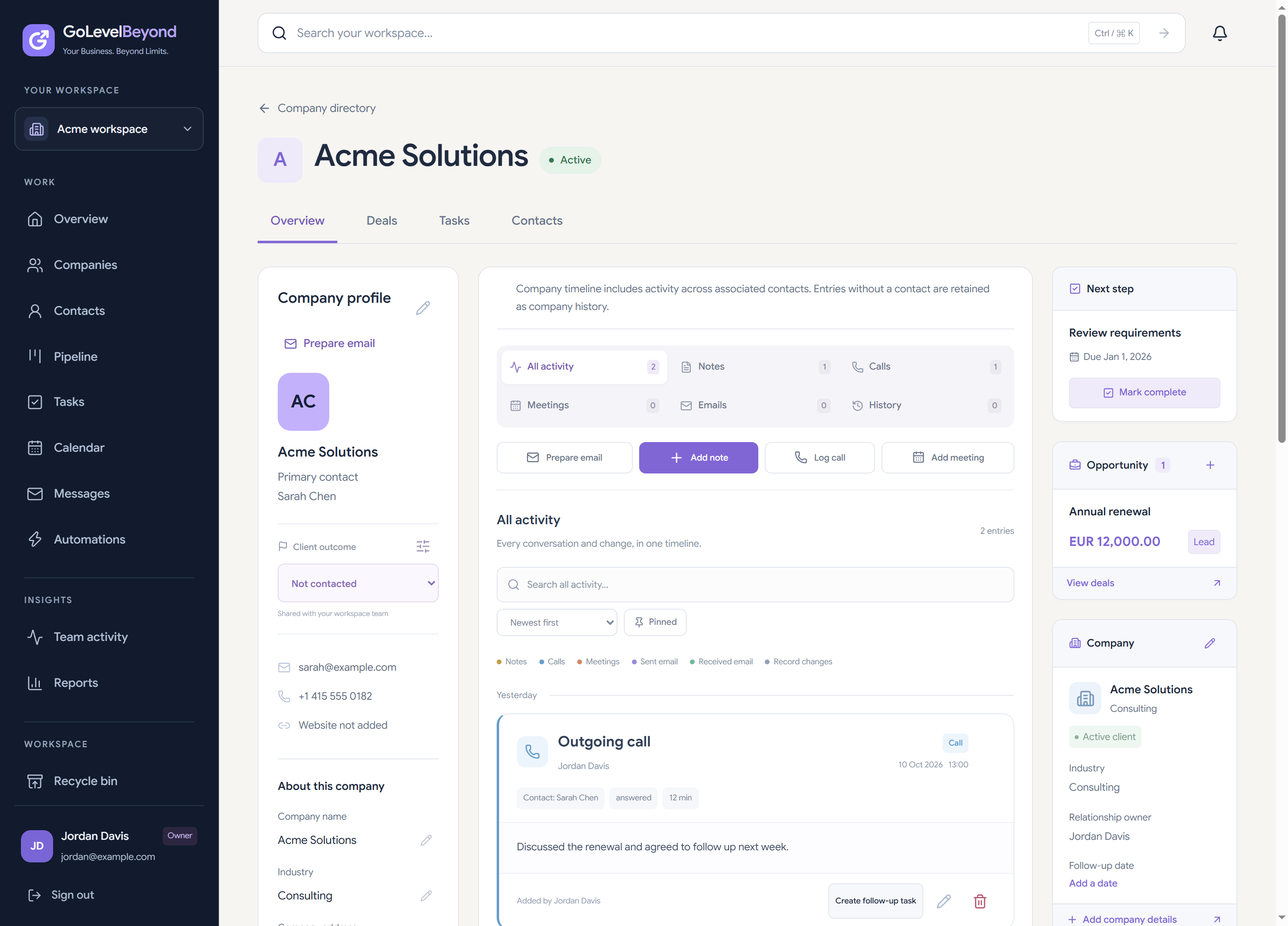 Company profile showing sample contact details, notes and linked work