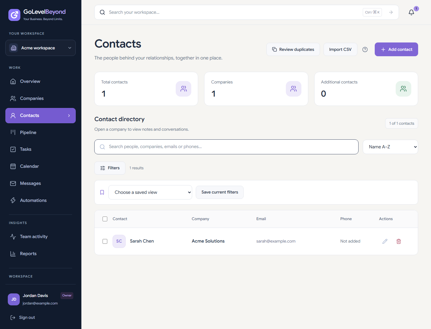 GoLevelBeyond contact directory with sample contacts and the Import CSV action